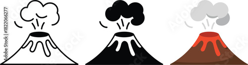 Three volcano icons in different styles: outline, glyph, and flat, on a transparent background