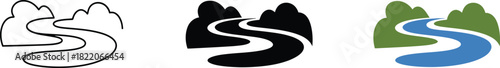 Winding river or road icon set, simple vector illustration of mountain path in outline, solid, and color