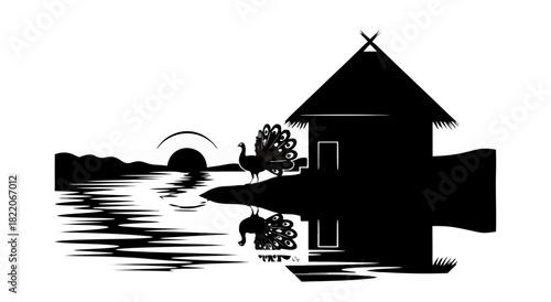 Vector silhouette icon of a castle and church building architecture with a landscape tree and grass design