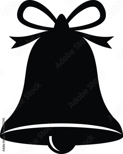 Simple Black Silhouette Christmas Bell with a Ribbon Bow and Clapper, Ideal for Minimalist Holiday Decoration, Festive Iconography, High-Contrast Vector Graphic Art, and Seasonal Design Projects.