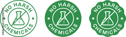No Harsh Chemicals Stamp Icon Set Featuring a Flask Symbol and Plus Sign, Representing Safety, Purity, Non-Toxic, and Eco-Friendly Products
