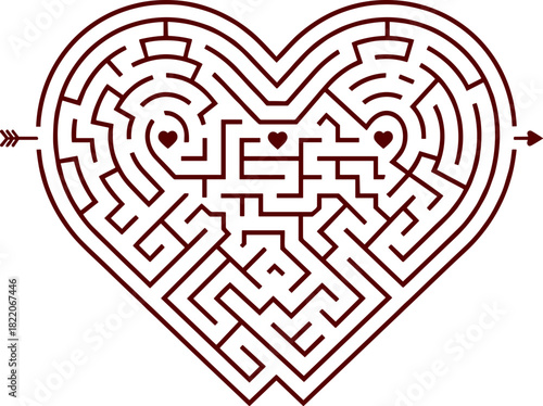 Intricate maze in the shape of a heart with arrow 