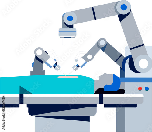 Robotic surgery system performing procedure on patient lying on operating table