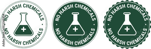 No Harsh Chemicals Stamp Icon Set Featuring a Flask Symbol and Plus Sign, Representing Safety, Purity, Non-Toxic, and Eco-Friendly Products