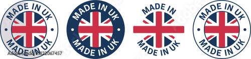 Set of Four Made in UK Stamp Icons with Union Jack Flag Design Representing Quality, Origin, Manufacturing, and Great Britain Product Certification
