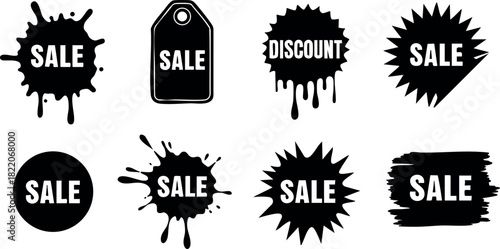 Sale discount price tags black ink splash paint vector illustration set for marketing promotions