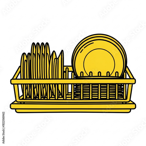 Yellow dish rack with plates and utensils isolated on white background