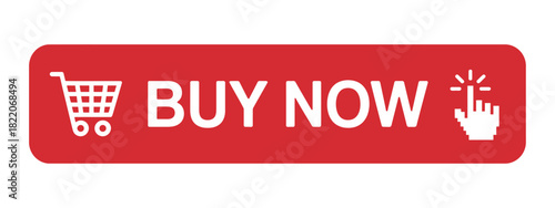 Red Buy Now Button with Shopping Cart and Click Hand