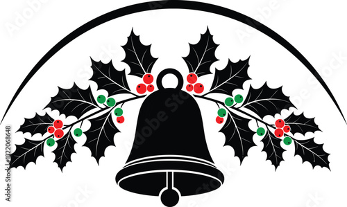 Striking Black Silhouette Christmas Bell Framed by Stylized Holly Sprigs, Accented with Red and Green Berries, Creating a Festive Holiday Decoration, Elegant Border Element, and Detailed Vector 