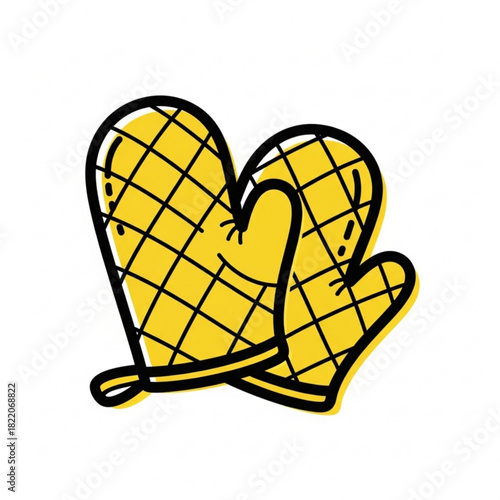 Pair of yellow oven mitts with a grid pattern isolated on white background