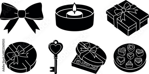 Vector set of black silhouette romantic gift icons with bow candle key chocolates and heart shapes