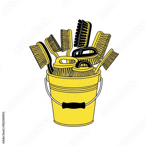 Yellow bucket filled with cleaning brushes isolated on white background