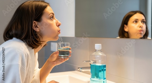Young caucasian female using mouthwash in bathroom mirror reflection