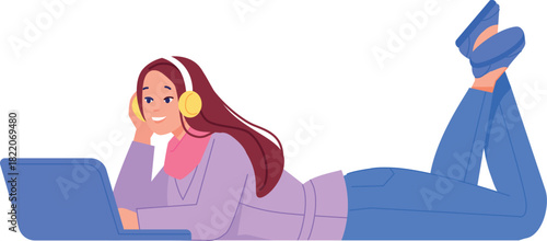 Woman listen audio on laptop. Podcast or music concept