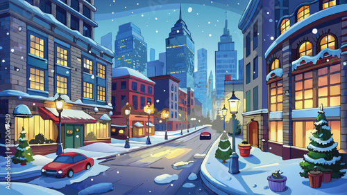 Very beautiful winter evening scene of New York City, USA, featuring foggy streets blanketed in snow, cozy glowing Christmas lights and lanterns, and a quiet traffic road without pedestrians, captured