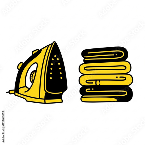 Yellow and black iron with folded clothes isolated on white background