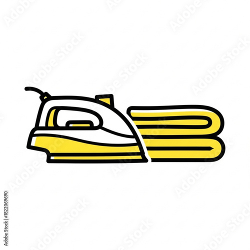 Yellow iron and folded clothes isolated on white background