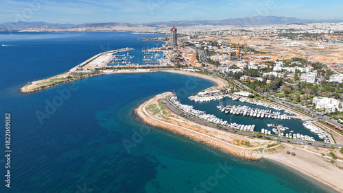 Aerial drone photo of famous luxury South area of Glyfada capital's best-known nightclubs, upscale restaurants and shops, Athens Riviera, Attica, Greece