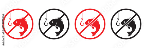 No Fishing Prohibition Sign – Fish and Hook Ban Symbol Silhouette Vector Icon