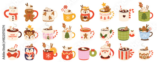 Big collection of cute Christmas Mugs in various shapes. Flat cartoon beverages. Сacao with whipped cream, marshmallow and candy cane. Seasonal flavored products, cards for New Year or winter holidays