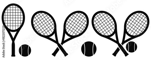 Crossed Tennis Rackets and Ball Icon Set – Classic Sports Equipment Silhouette Vector
 Illustration