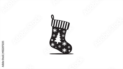Black and White Christmas Stocking Illustration with Snowflakes and Tree for Holiday Season