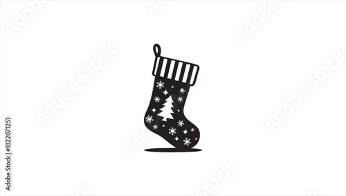 Classic black and white holiday stocking icon, adorned with a charming fir tree and sparkling stars, symbolizing seasonal joy and gift-giving traditions