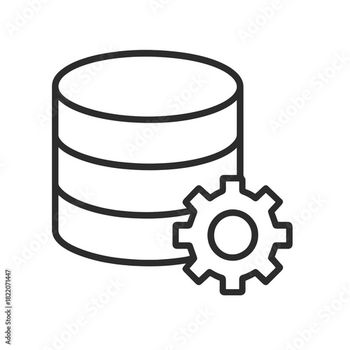 Fine line database management icon with gear, ideal for backend configuration, data architecture and software infrastructure visuals