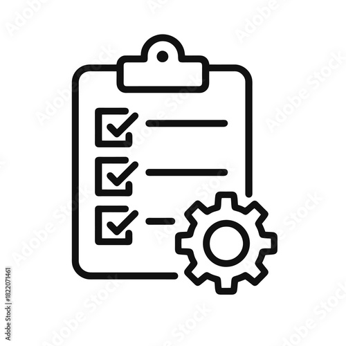 Fine line development checklist icon with gear, ideal for project planning, sprint management and workflow tracking in software teams