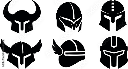 Viking and medieval helmets set with horns wings and face protection vector illustration black icons