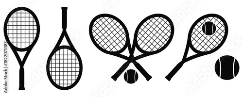 Crossed Tennis Rackets and Ball Icon Set – Classic Sports Equipment Silhouette Vector
 Illustration