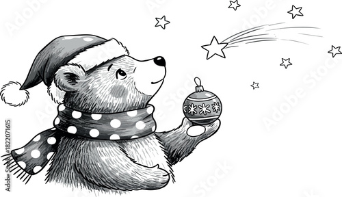 Whimsical sketch of a cheerful bear in a Santa hat and scarf, holding a festive ornament, under a starry sky with a shooting star