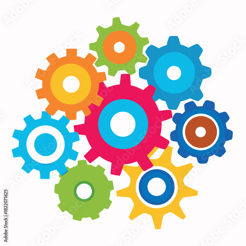Bright colorful gear icons interconnected, flat vector style, playful mechanical concept on a white background