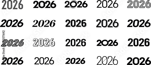 Vector collection of the number 2026 in various typography styles and fonts. A graphic design set for calendars, New Year's greetings, and future-themed projects