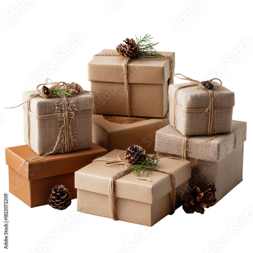Rustic Eco Gift Box Set in Kraft Paper with Jute Twine & Pinecones — Isolated on White