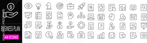 Business Plan Outline icon set. Containing Vision, Strategy, Finance, Cost Structure, Organization, Investment, ROI, Marketing Plan, Analyzing, and more. Editable stroke. vector illustration.eps