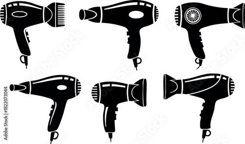 Hair dryer vector set black silhouettes different styles and angles isolated on white background
