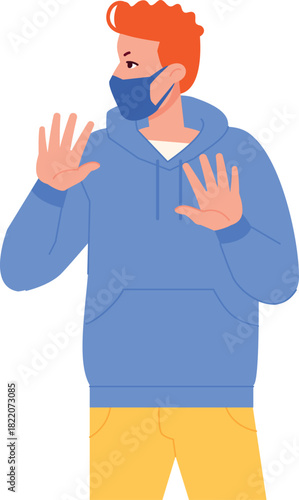 Man show denial gesture in medical mask. Pandemic prevention
