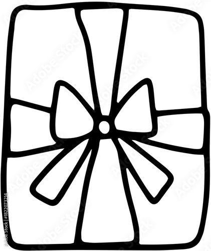 Illustration vectorielle simple et ludique d'une boîte-cadeau avec un ruban et un nœud, dessinée dans un style doodle. Parfait pour les occasions spéciales, les cartes de vœux.