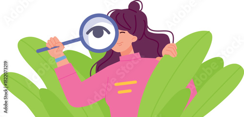 Woman look in magnify glass from bush. Spying person