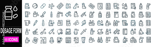 Pharmaceutical dosage forms Outline icon set. Editable stroke.eps