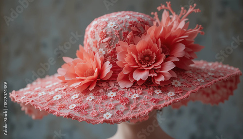 Stylish women's hat adorned with bright coral accents reminiscent of a summer sunset with intricate details
