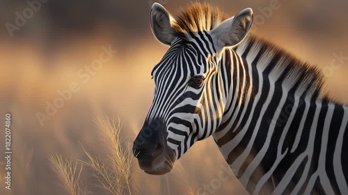 A zebra stands motionless in warm sunset light as the camera slowly moves forward capturing its detailed stripes and calm gaze surrounded by dry golden grass of African savanna