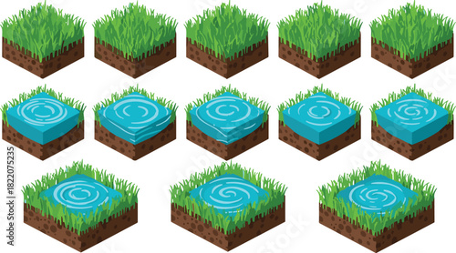 Isometric Grass and Water Tileset for Game Creation, Square Blocks of Lush Green Grass, Water Surface Texture, and Island Terrain, Seamless Vector Assets for Designing Digital 