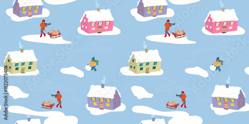 Playful winter pattern featuring children sledding and rolling snowballs among colorful snow covered houses on a soft blue background.