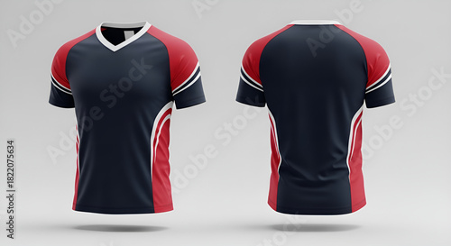 Front and back view of a navy blue and red sports jersey mockup for soccer team uniforms