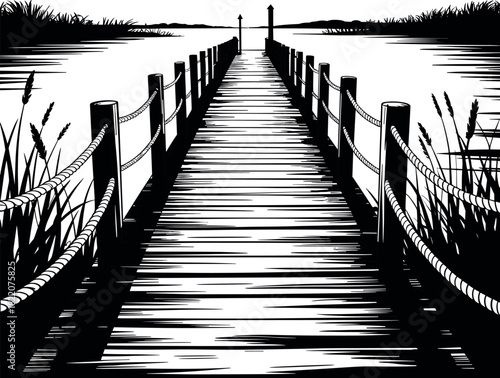 Black and white wooden pier extending into water with reeds