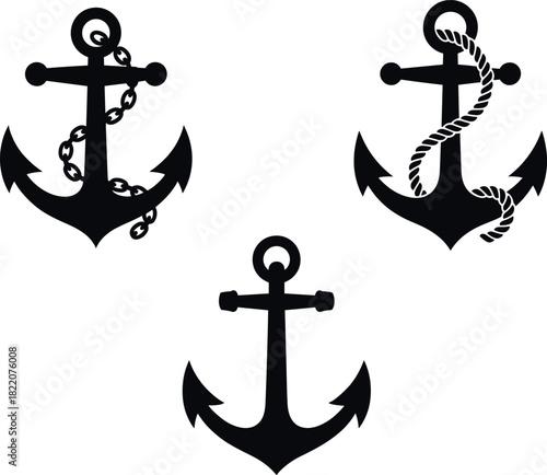 Three black anchor silhouettes with chain and rope