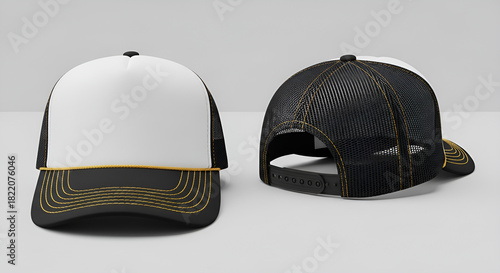 Realistic black and white mesh trucker cap mockup displaying front and rear angles for apparel design presentation