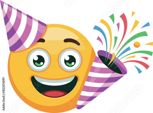 Yellow emoji with party hat and confetti popper vector